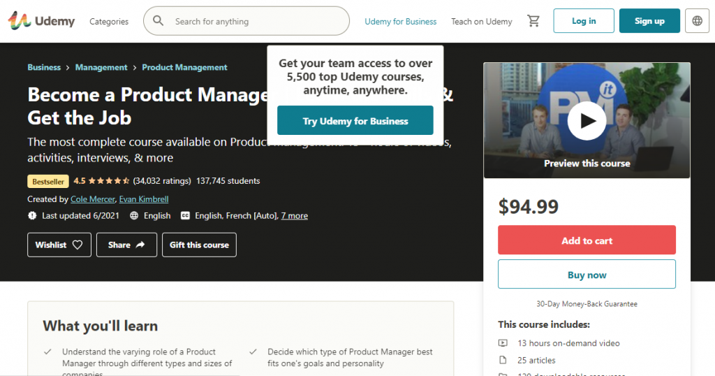 Become a Product Manager - Learn the Skills and Get the Job on Udemy