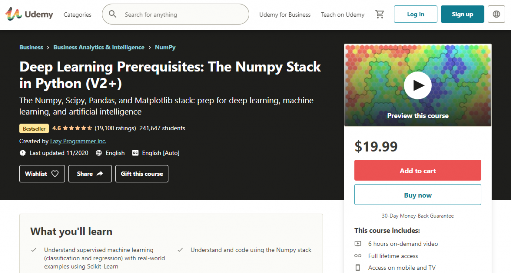 Deep Learning Prerequisites The Numpy Stack in Python (V2+) on Udemy