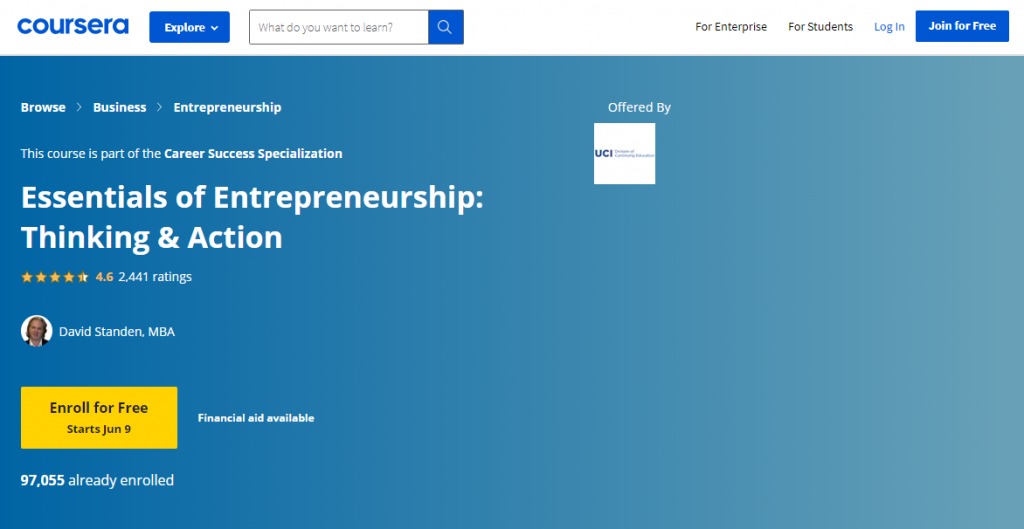 Essentials of Entrepreneurship by the University of California, Irvine on Coursera