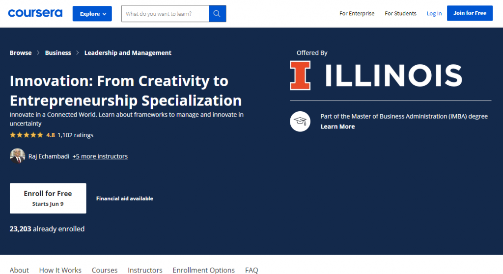 Innovation From Creativity to Entrepreneurship Specialization by the University of Illinois on Coursera