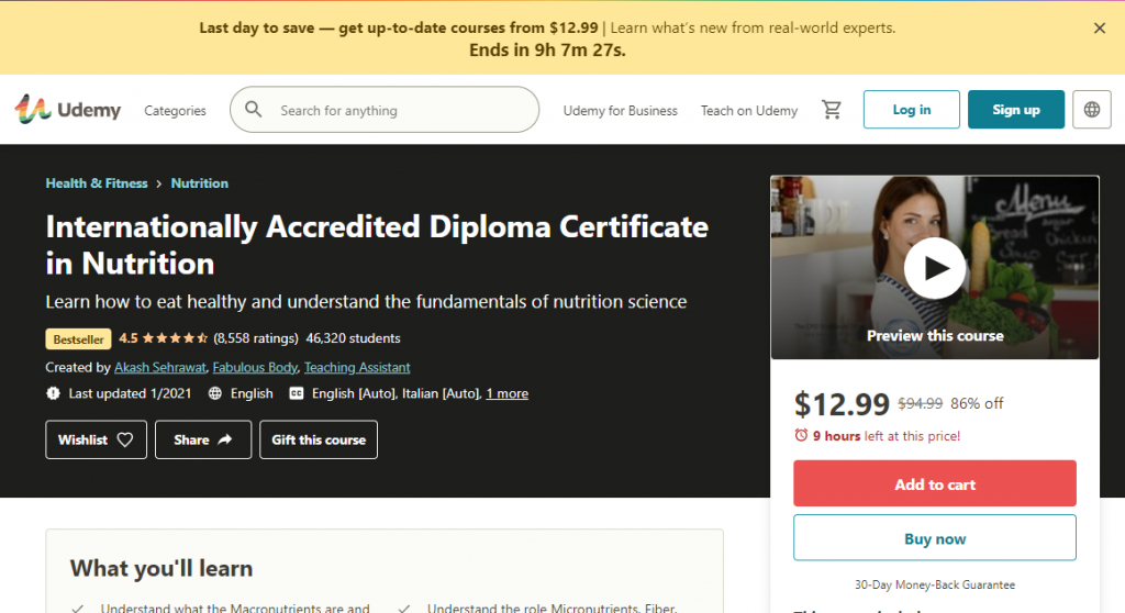 Internationally Accredited Diploma Certificate in Nutrition on Udemy