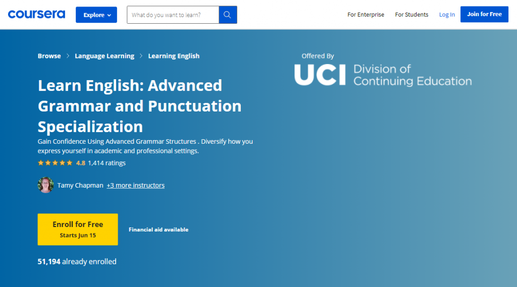 Learn English- Advanced Grammar and Punctuation Specialization by Coursera