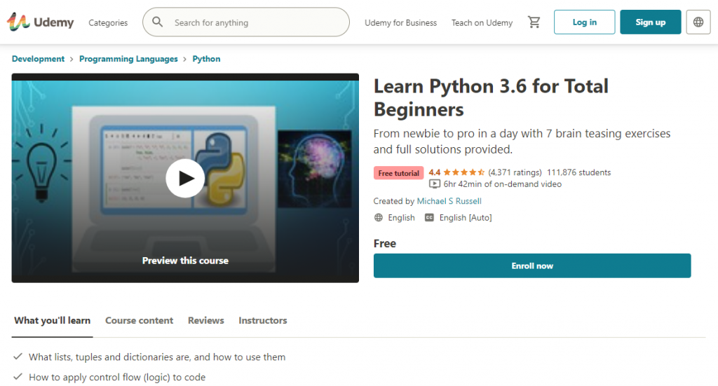 Learn Python 3.6 for Total Beginners on Udemy
