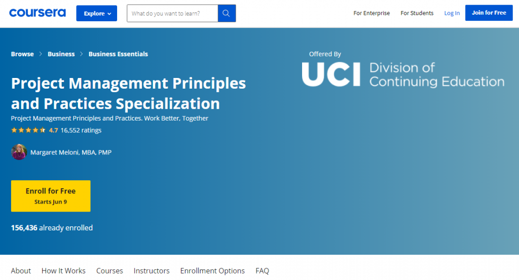 Project Management Principles and Practices Specialization by UC Irvine on Coursera