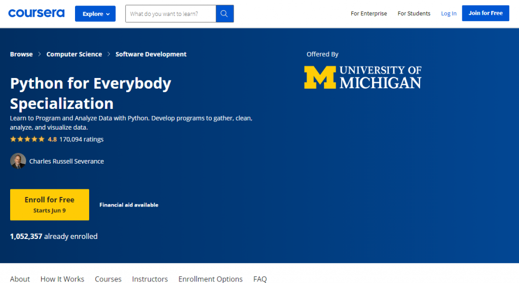 Python for Everybody Specialization by the University of Michigan on Coursera