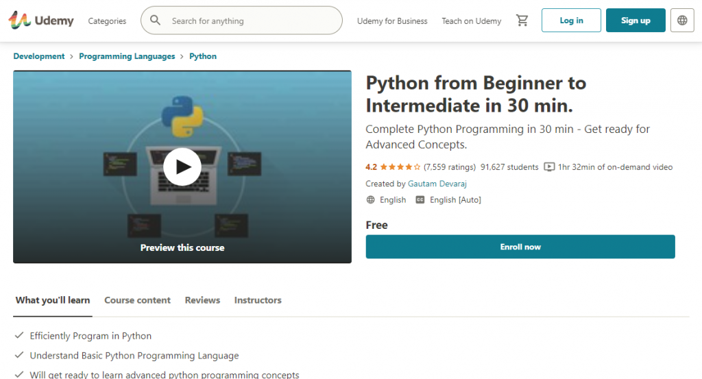Python from Beginner to Intermediate in 30 min on Udemy
